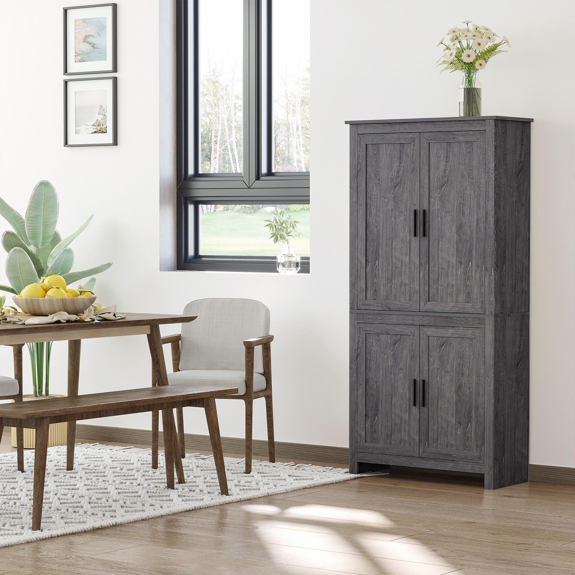 HOMCOM 64" Kitchen Pantry Cabinet, Freestanding Storage Cabinet with 4 Doors and 3 Adjustable Shelves for Dining Room, Gray