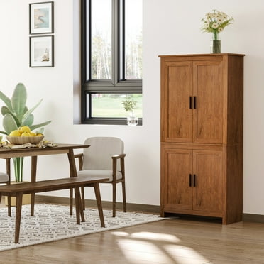 HOMCOM 64" Kitchen Pantry Cabinet, Freestanding Storage Cabinet with 4 Doors and 3 Adjustable Shelves for Dining Room, Oak