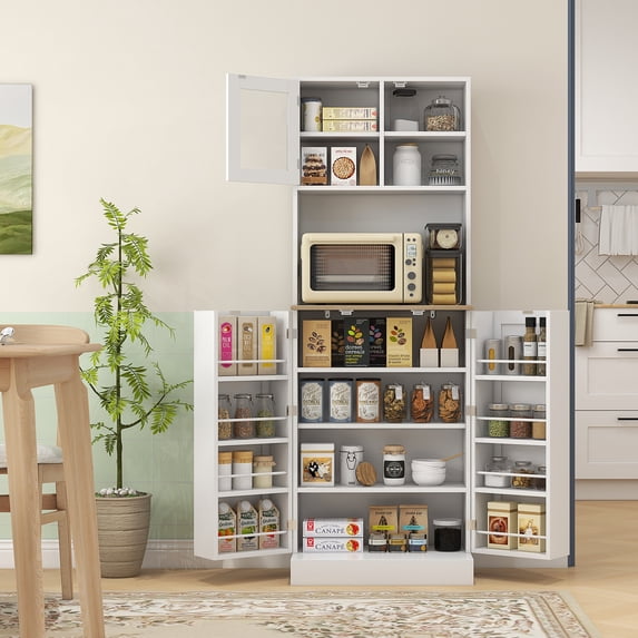 HOMCOM 66.5" Pantry Cabinet with Microwave Stand, Freestanding Kitchen Storage Cabinet with Hutch and Adjustable Shelves, White