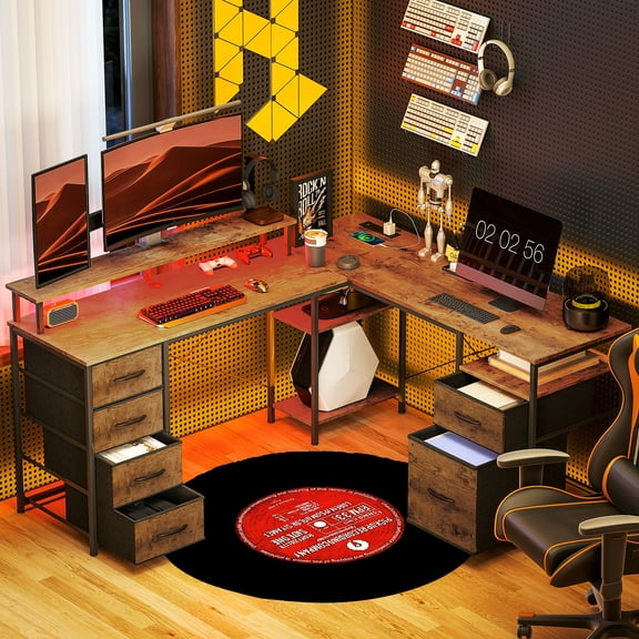 HOMCOM 66" Reversible L Shaped Desk with File Drawer, 105" Two Person Desk with Power Outlet and LED Light, Monitor Shelf and CPU Stand, Rustic Brown