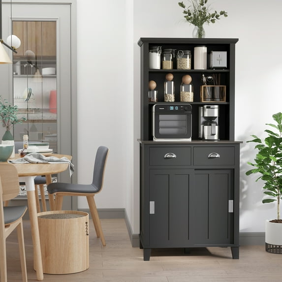HOMCOM 67" Freestanding Buffet with Hutch, Kitchen Pantry Storage Cabinet with Sliding Doors, Drawers and Open Shelves, Adjustable Shelving, Black