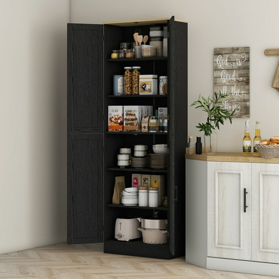 HOMCOM 67" Freestanding Kitchen Pantry, 4-Door Storage Cabinet Organizer with Adjustable Shelves and Doors, Distressed Black