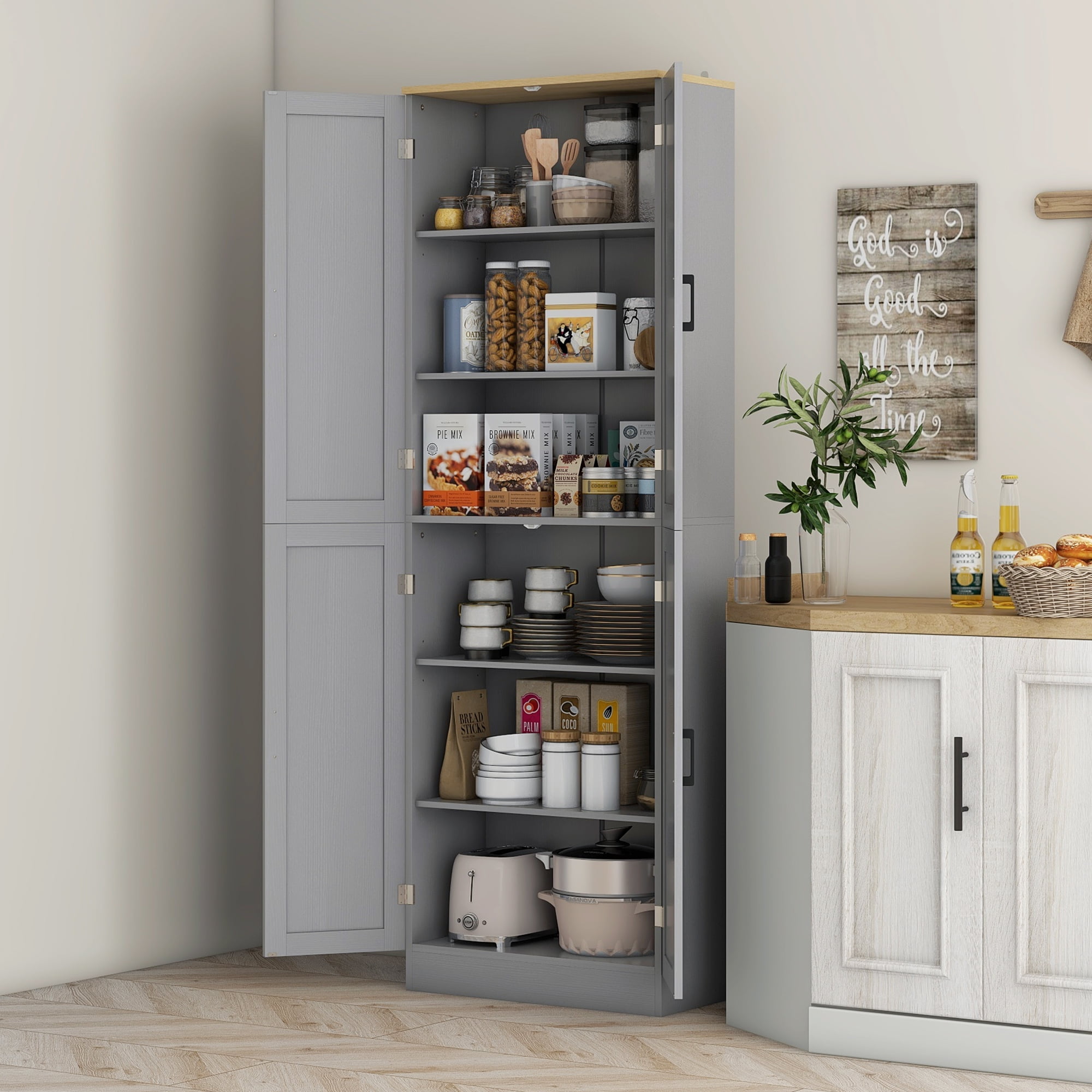 HOMCOM 67" Freestanding Kitchen Pantry, 4-Door Storage Cabinet Organizer with Adjustable Shelves and Doors, Distressed Gray