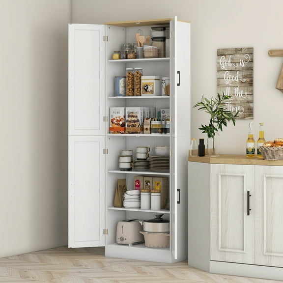 HOMCOM 67" Freestanding Kitchen Pantry, 4-Door Storage Cabinet Organizer with Adjustable Shelves and Doors, Distressed White