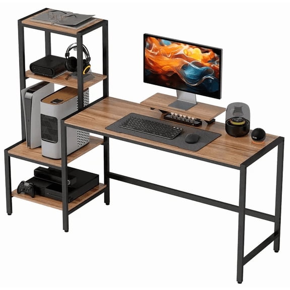 HOMCOM 67” PC Desk  Rectangle CPU Desk with Monitor Stand   Shelves  Adjustable Foot Pads  Brown