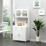 HOMCOM 67" Pantry Cabinet, Modern Kitchen Hutch, Freestanding Storage Cabinet with Glass Doors, Adjustable Shelves and Drawers, White