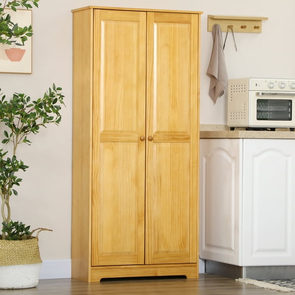 HOMCOM 67" Pinewood Kitchen Pantry Storage Cabinet, Freestanding Cabinets with Doors and Shelf Adjustability, Soft-Close Mechanism, Brown