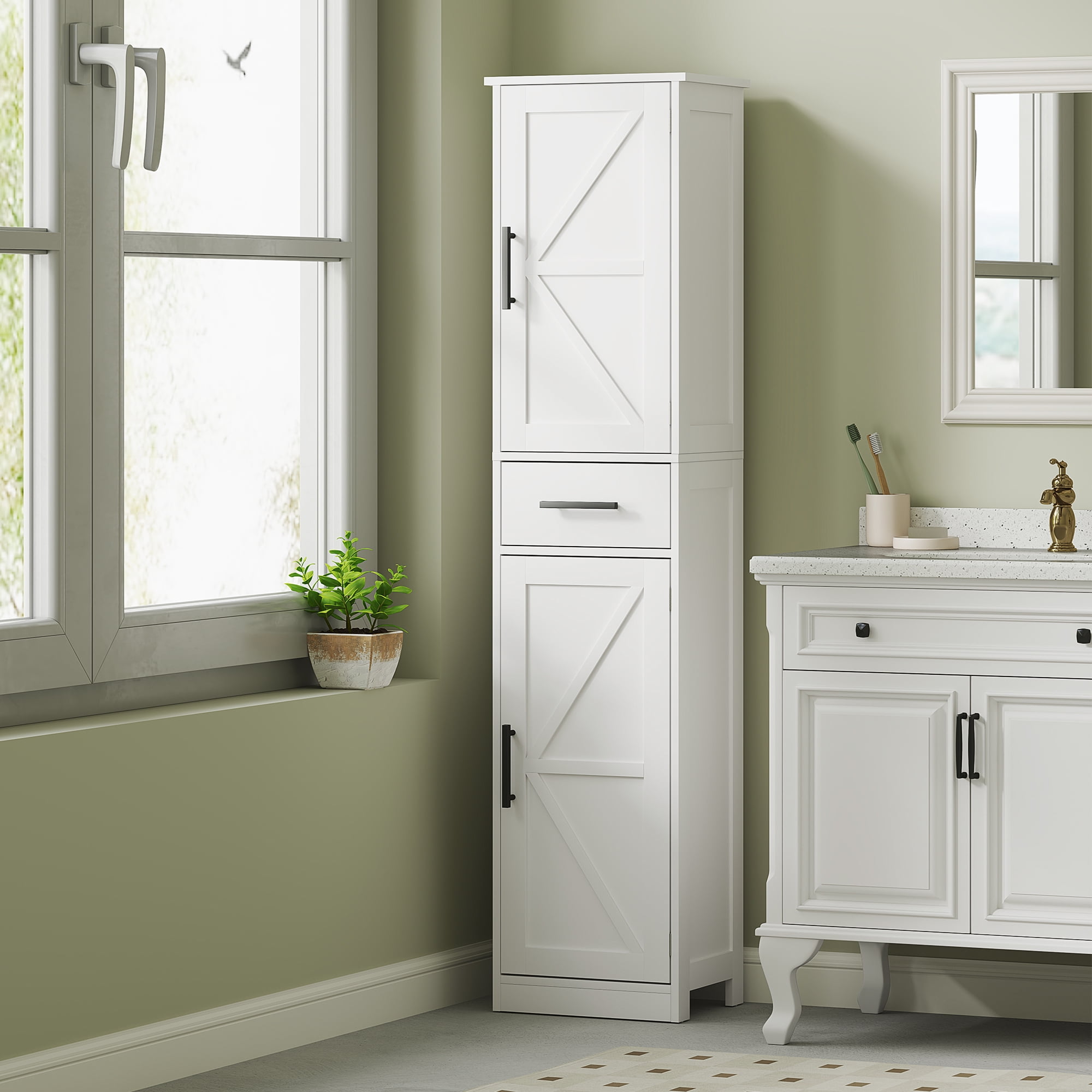 HOMCOM 67" Tall Bathroom Storage Cabinet with Drawer, Farmhouse Narrow ...