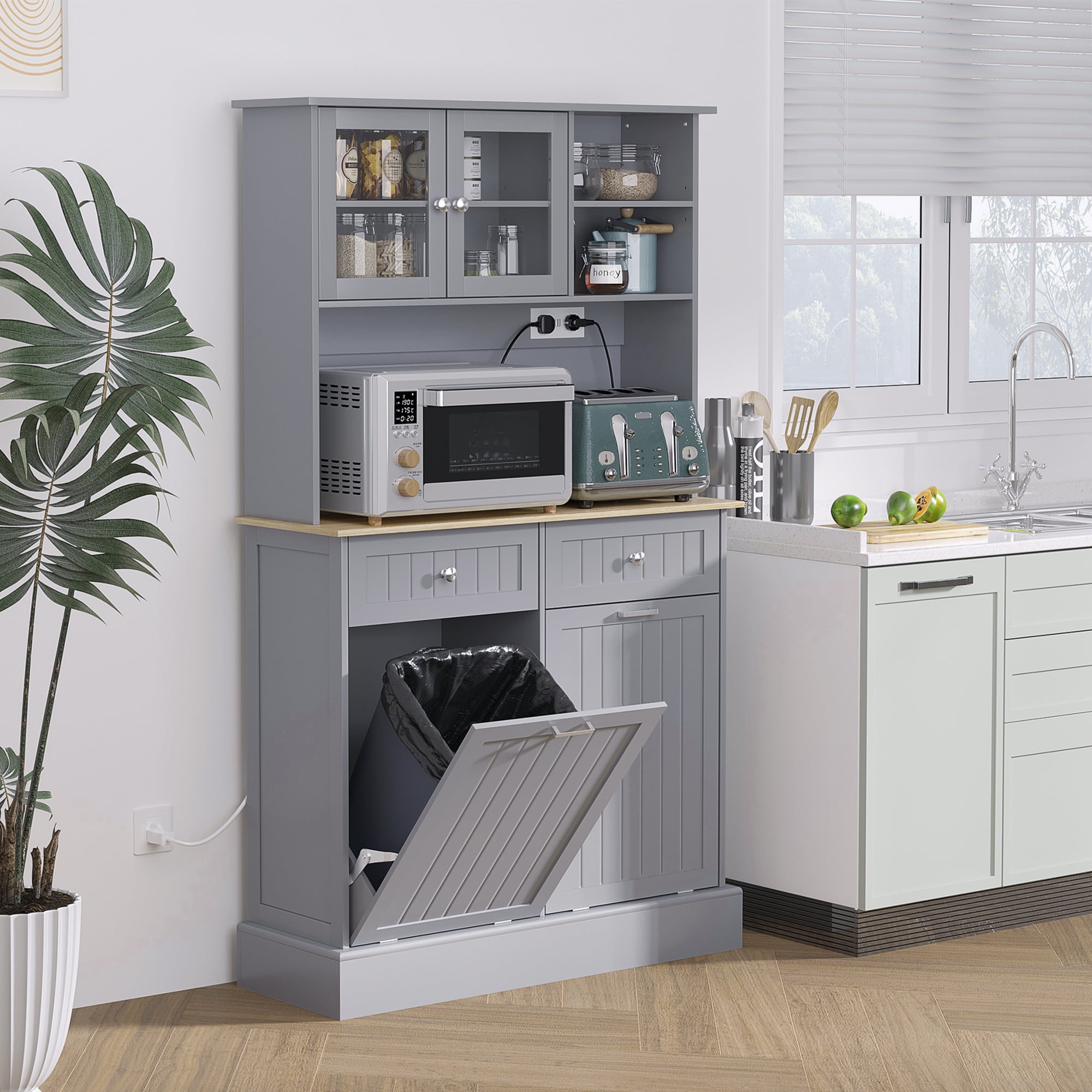 HOMCOM 68" Kitchen Pantry Cabinet with Charging Station, 2 Tilt Out Trash Cabinets and Microwave Stand, Modern Storage Cabinet, Gray