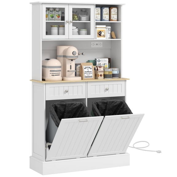 HOMCOM 68" Kitchen Pantry Storage Cabinet with Charging Station, 2 Tilt Out Trash Cabinets and Microwave Stand, Freestanding Kitchen Hutch with Glass Doors and Adjustable Shelf, White