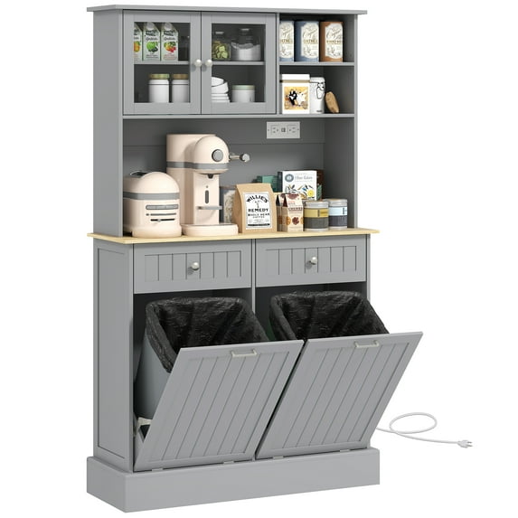 HOMCOM 68" Kitchen Pantry Storage Cabinet with Charging Station, 2 Tilt Out Trash Cabinets and Microwave Stand, Freestanding Kitchen Hutch with Glass Doors and Adjustable Shelf, Gray
