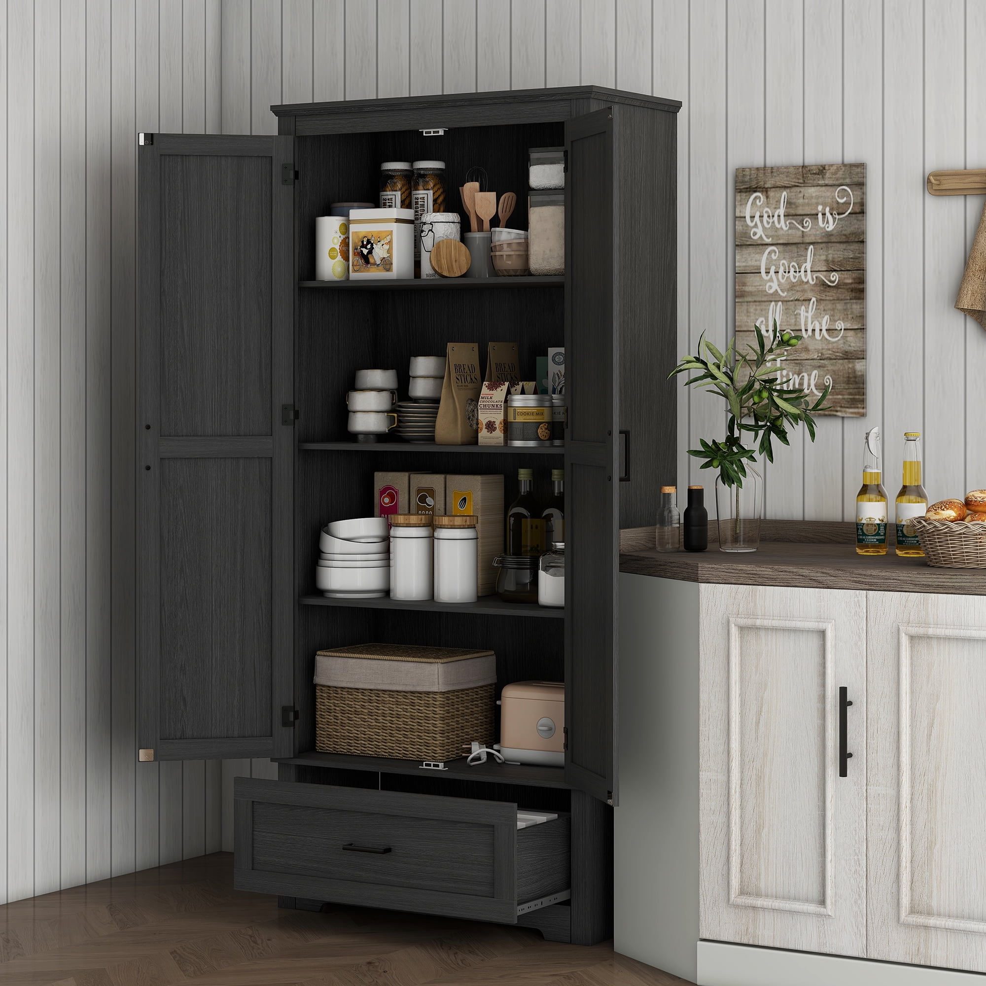 69" Tall Farmhouse Kitchen Pantry Storage with Drawer