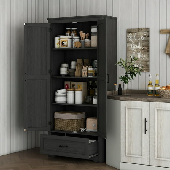 HOMCOM 69" Tall Farmhouse Kitchen Pantry Storage Cabinet with Drawer and Adjustable Shelves, Black