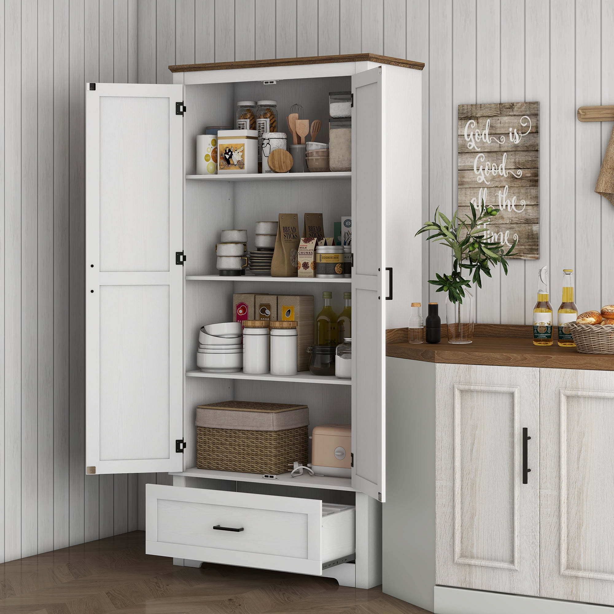 Cream White Tall Kitchen Pantry Storage Cabinet with Adjustable Shelves