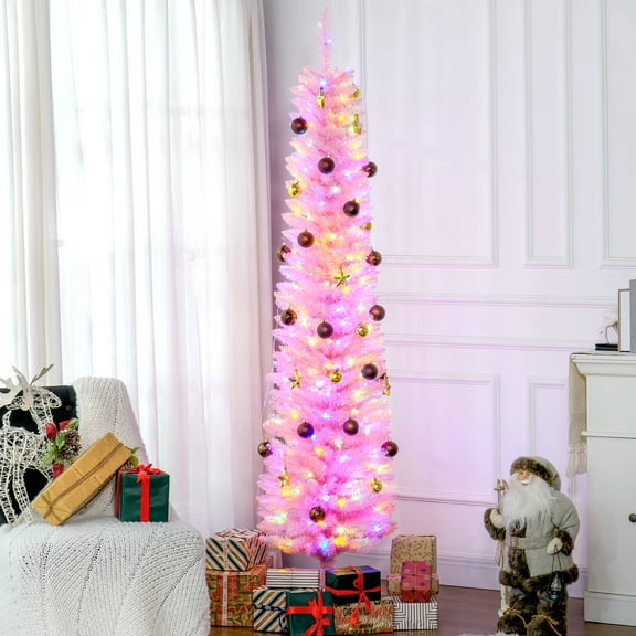 HOMCOM 6FT Pencil Artificial Christmas Tree with Colorful LED Lights Pink