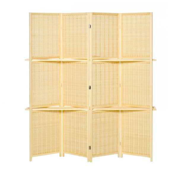 HOMCOM 6Ft Bamboo Room Divider, 4 Panel Folding Privacy Screen with Shelves Natural + Bamboo