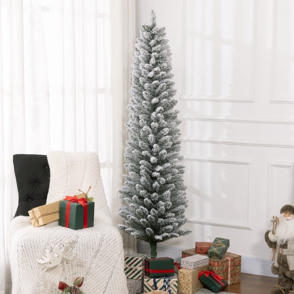 HOMCOM 6ft Artificial Pencil Christmas Tree with 329 Snow Flocked Tips, Metal Base, Realistic Xmas Tree