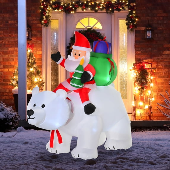 HOMCOM 6ft Christmas Inflatable Animated Moving Santa Claus Riding A Polar Bear with Toy Bag, Outdoor Blow-Up Yard Decoration with LED Lights Display