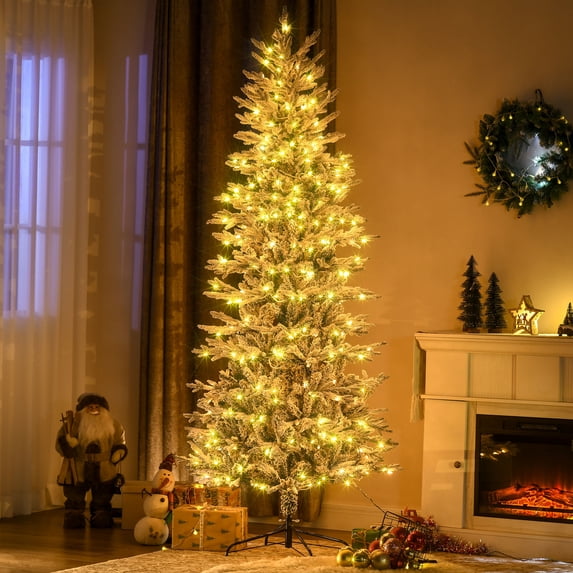 HOMCOM 7.5' Flocked Artificial Christmas Tree with Warm Yellow Clear Light