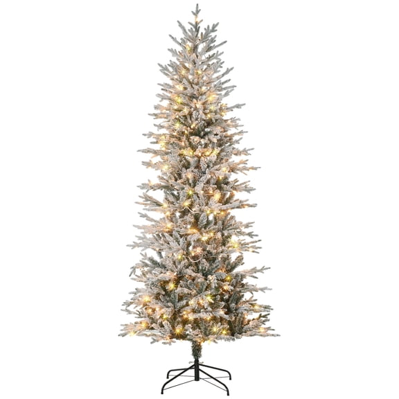 HOMCOM 7.5' Flocked Christmas Tree Pre Lit, with Snow Branches, Warm Yellow Clear Lights, Auto Open, Extra Bulb