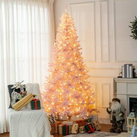 HOMCOM 7.5' Prelit Artificial Christmas Xmas Tree White LED 1346 Tip Pink