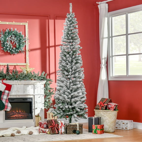 HOMCOM 7.5' Tall Unlit Snow-Flocked Slim Artificial Christmas Tree with Realistic Branches and 738 Tips