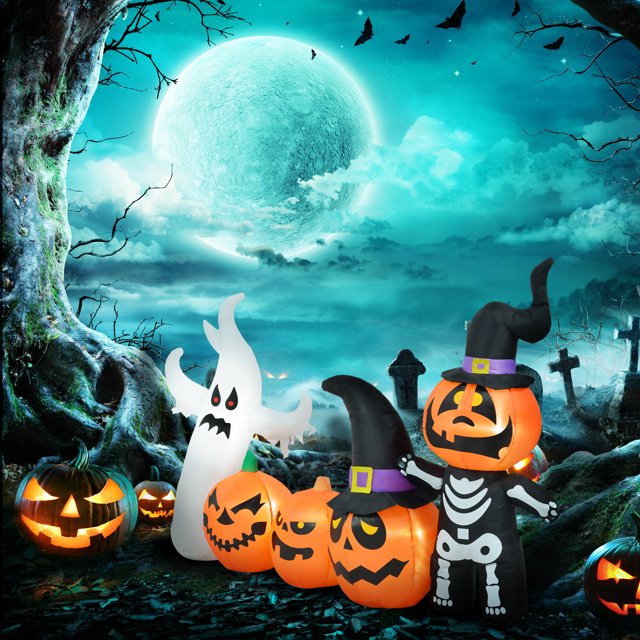7.5ft Inflatable Halloween Pumpkin Ghost Family, Blow Up LED Display For Garden Indoor Outdoor