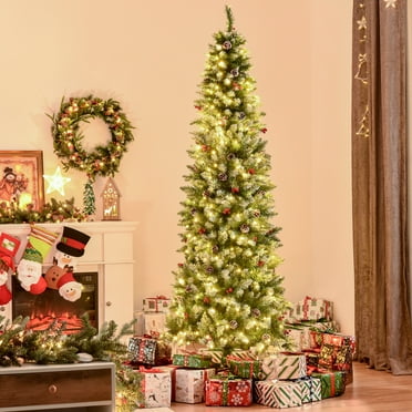 HOMCOM 7.5ft Pre-Lit Snow-Dipped Artificial Christmas Tree with Realistic Branches, 350 LED Lights, Pine Cones, Red Berries and 1075 Tips