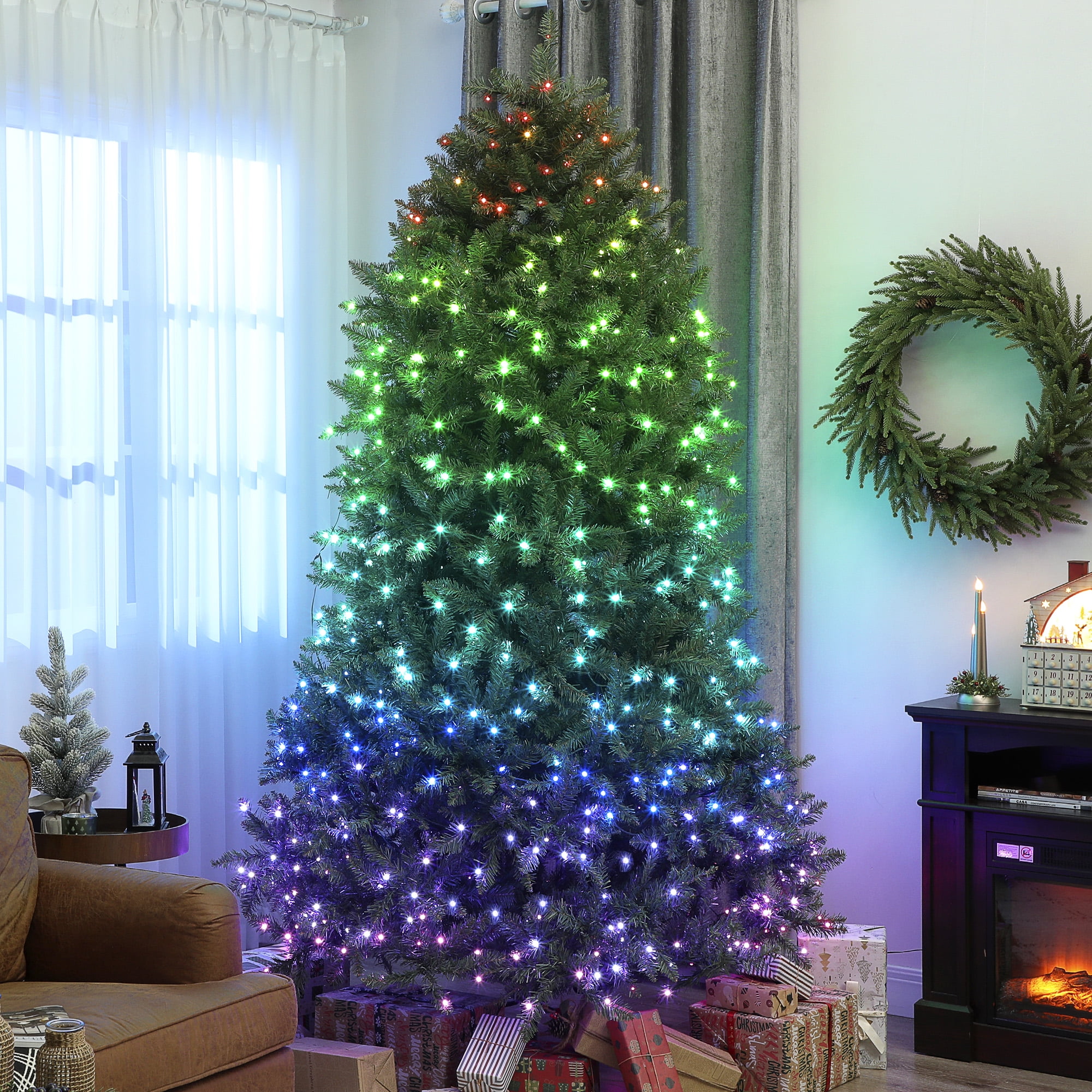 HOMCOM 7.5ft Prelit Christmas Tree with Full-Spectrum LEDs, App and Remote Control, Wide Full Hinged Xmas Tree for Holiday Decor, Easy Assembly