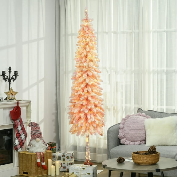HOMCOM 7' Downswept Slim Snow Artificial Christmas Tree with light, Pink