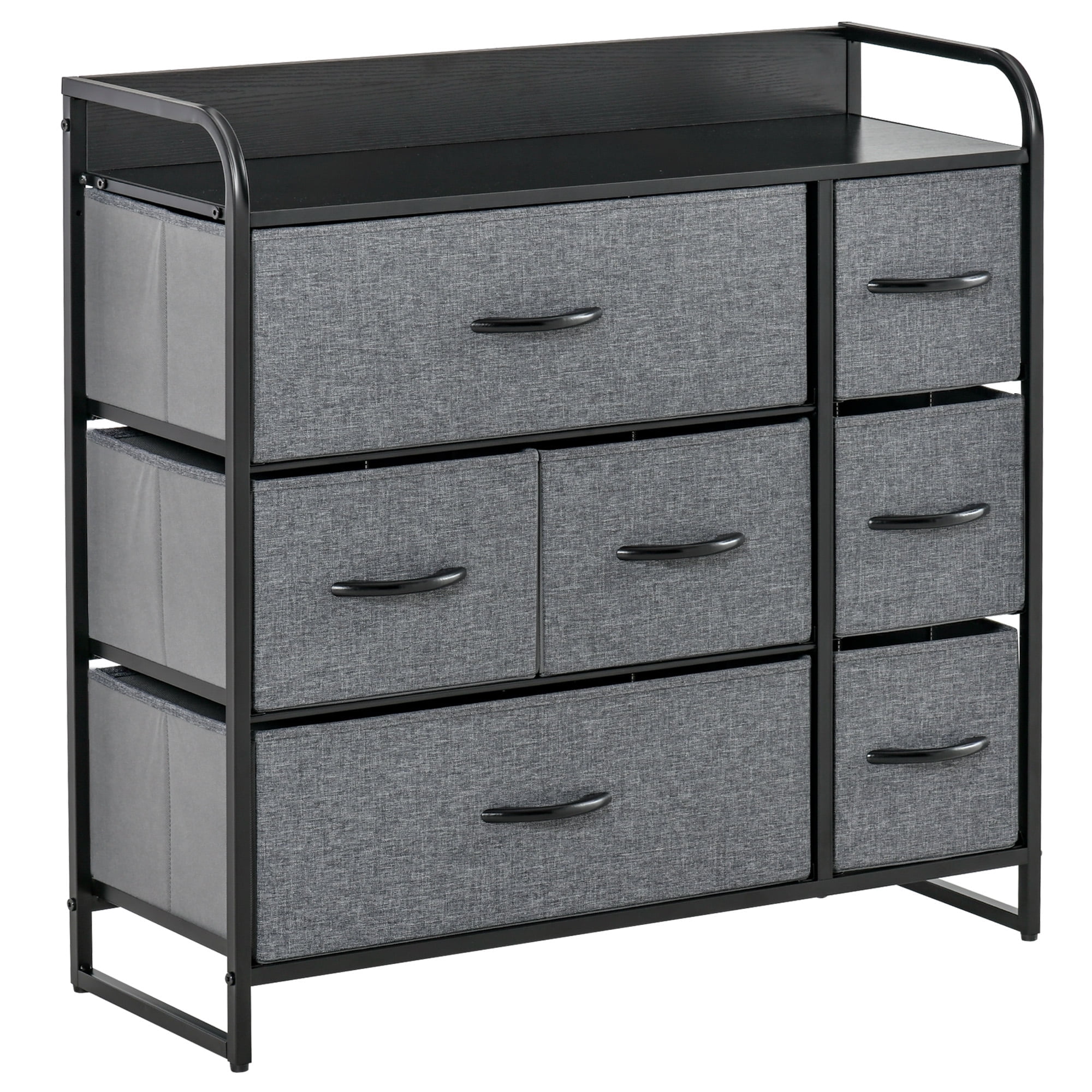 Gray Fabric 7-Drawer Dresser with Dark Wood Top and Steel Frame
