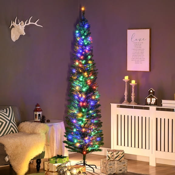 HOMCOM 7' Pencil Prelit Artificial Christmas Tree with Colorful LED Lights