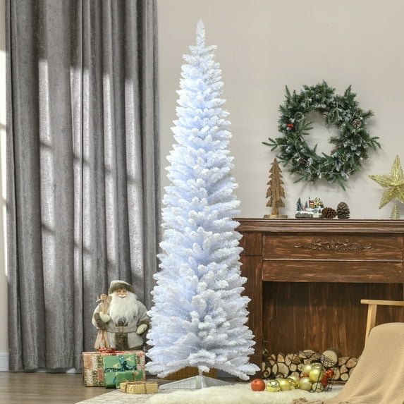 HOMCOM 7' Snow Flocked Artificial Christmas Tree Slim with Stand, White