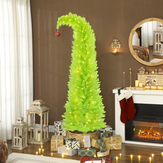 HOMCOM 7 ft Whimsical Christmas Tree with Red Ball, Prelit Pencil Artificial Xmas Tree with 250 LED Lights, Metal Base, Easy Assembly, Green