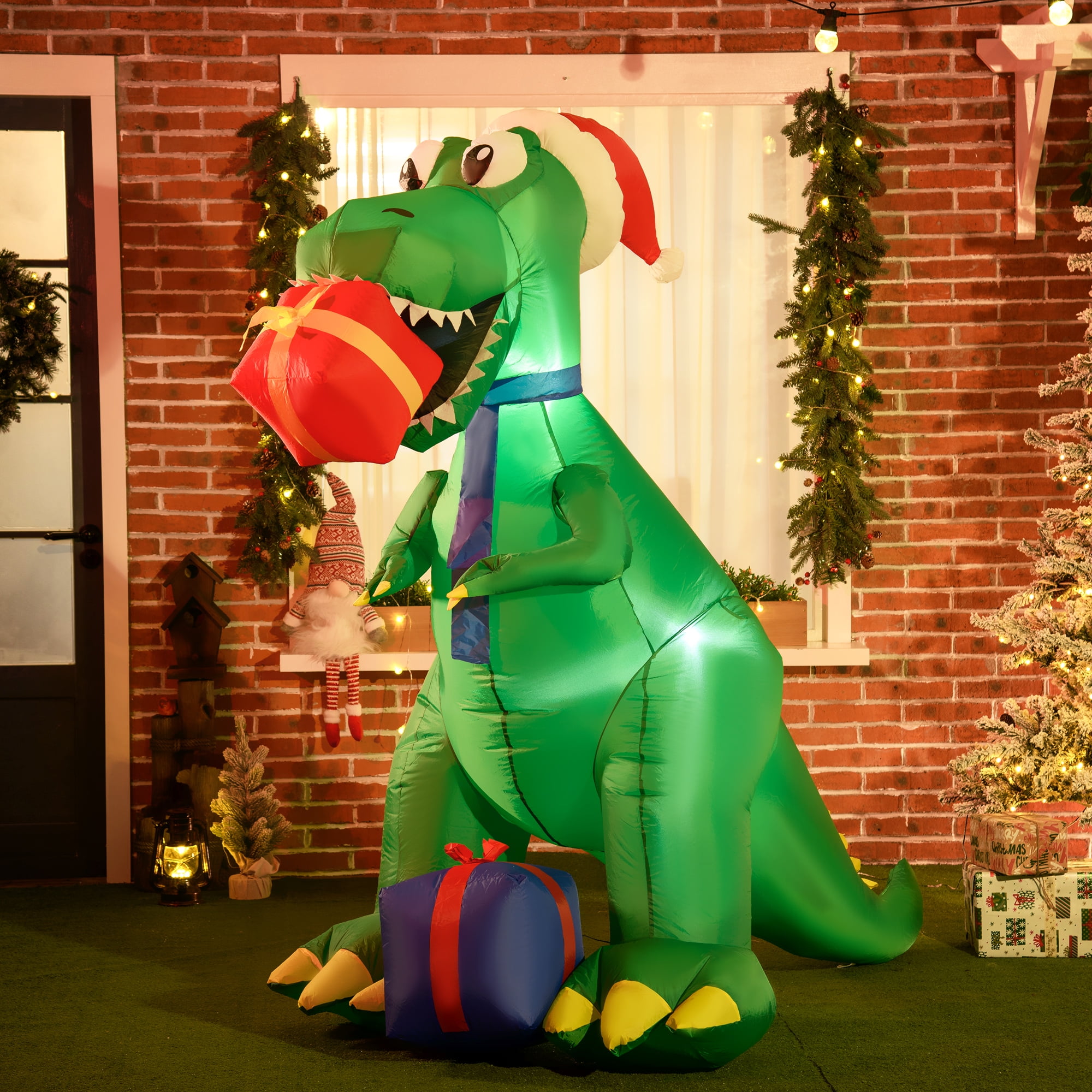 70.75" Christmas Inflatables Dinosaur with Gift Box for Yard
