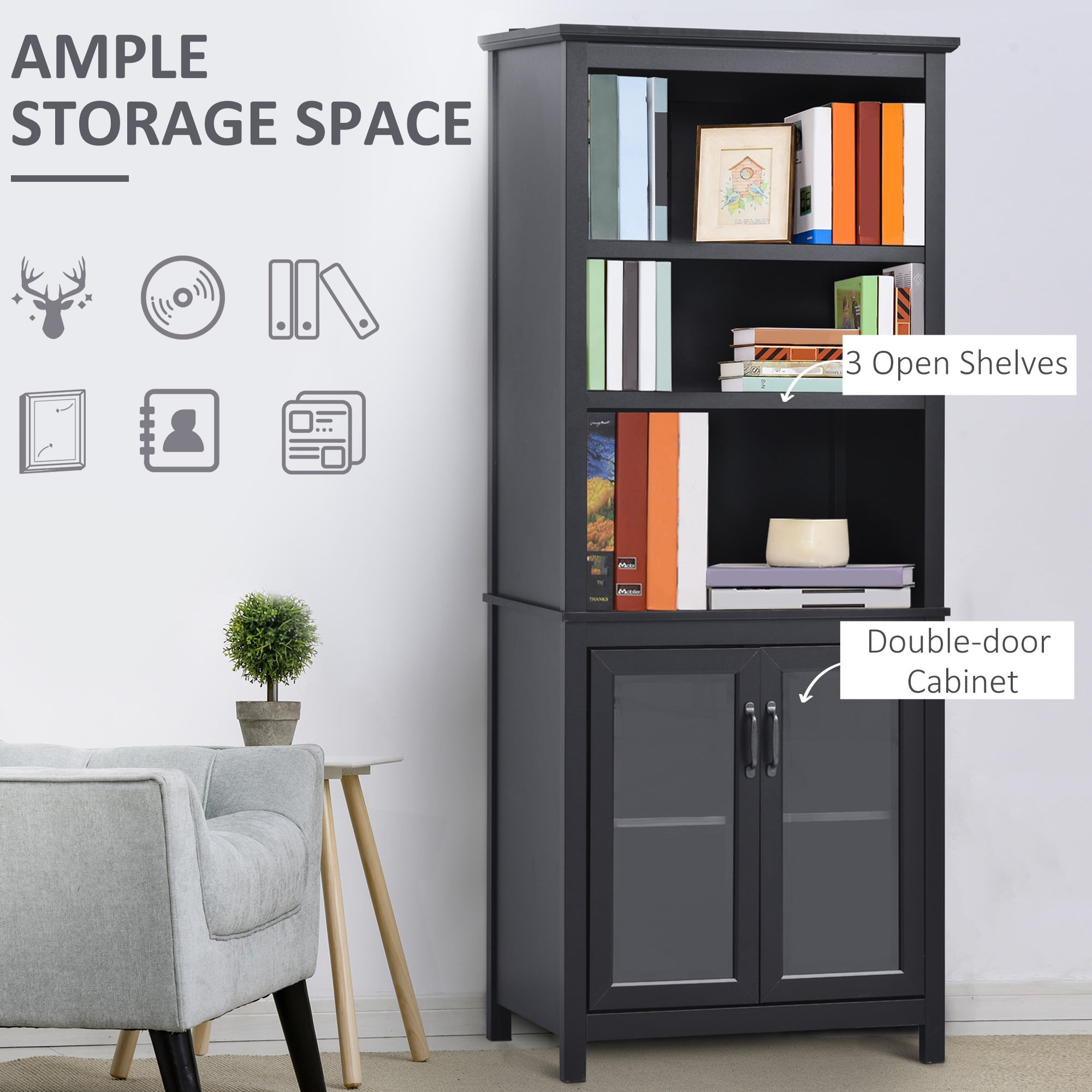 Black 71" MDF Bookcase Storage Hutch with Adjustable Shelves and Glass Doors