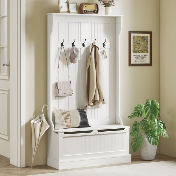 HOMCOM 3-In-1 Hall Tree Storage Bench and Coat Rack with 5 Steel Double Hooks, and Anti-Topple Anchor for Entryway, Cream White