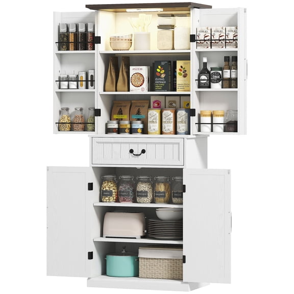 HOMCOM 71" Farmhouse Kitchen Pantry Cabinet, Distressed White Food Storage Cabinet with Motion Sensor LED Light, Adjustable Shelves & Door Racks for Kitchen or Dining Area