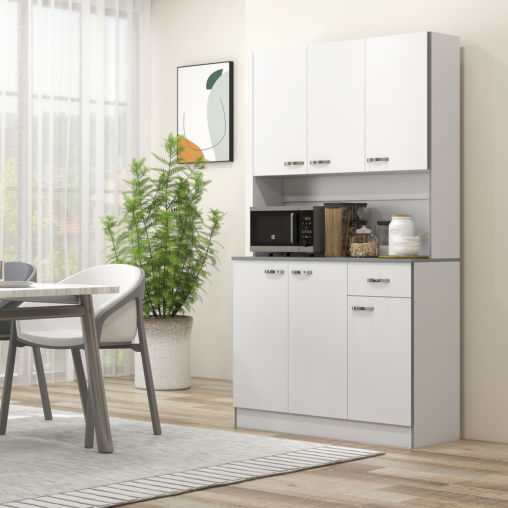 White Freestanding Buffet with Hutch and Adjustable Shelves