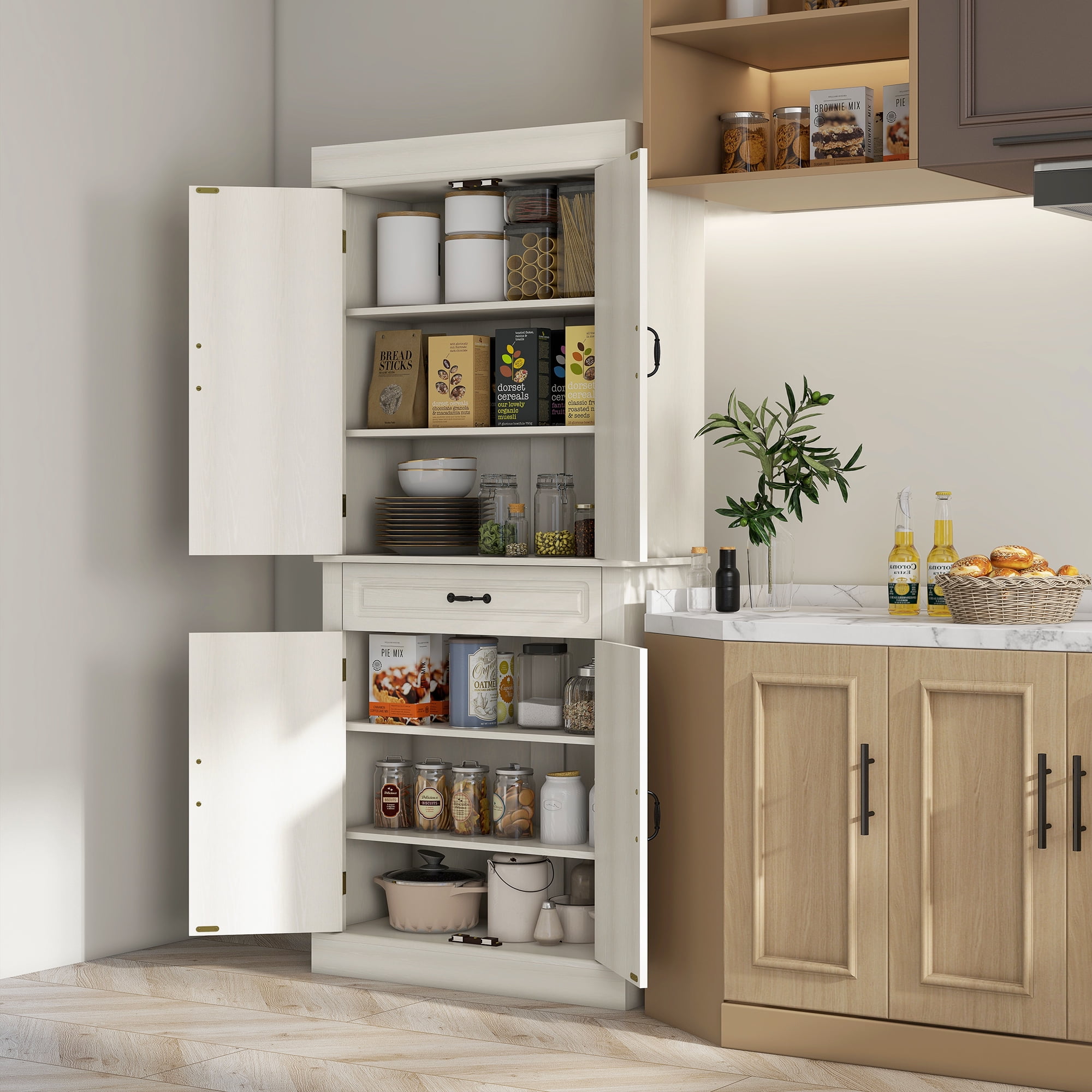 HOMCOM 71 Freestanding Kitchen Pantry Cabinet Tall Storage Cabinet with 4 Doors and Drawer for Dining Room White