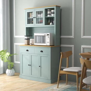 HOMCOM 71" Freestanding Pantry, Kitchen Buffet with Hutch, Modern Storage Cabinet with Drawers, Glass Doors, and Adjustable Shelves, Light Green