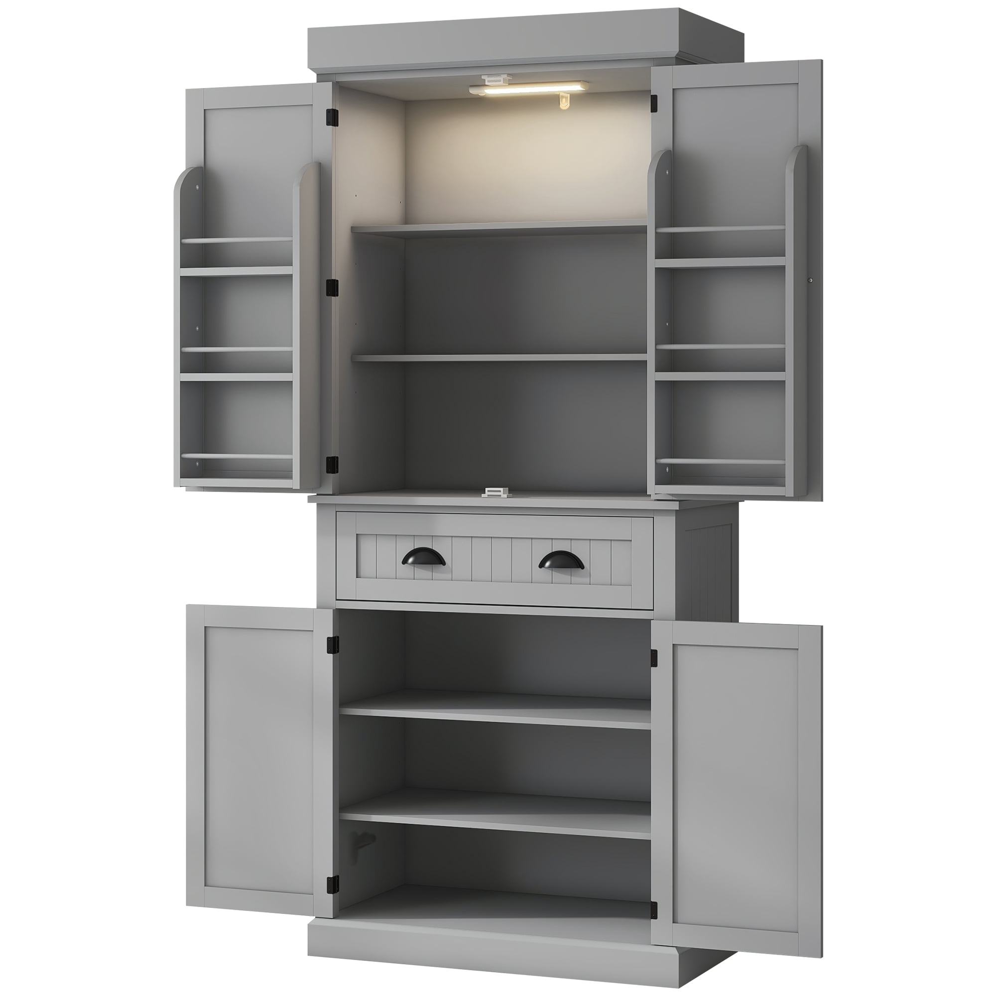 HOMCOM 71" Kitchen Pantry Cabinet with Large Storage and LED Lights, Gray