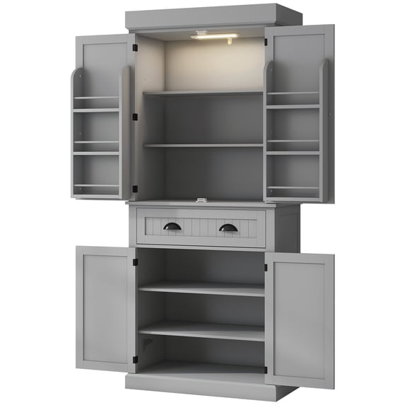 HOMCOM 71" Kitchen Pantry Cabinet with Large Storage and LED Lights, Gray