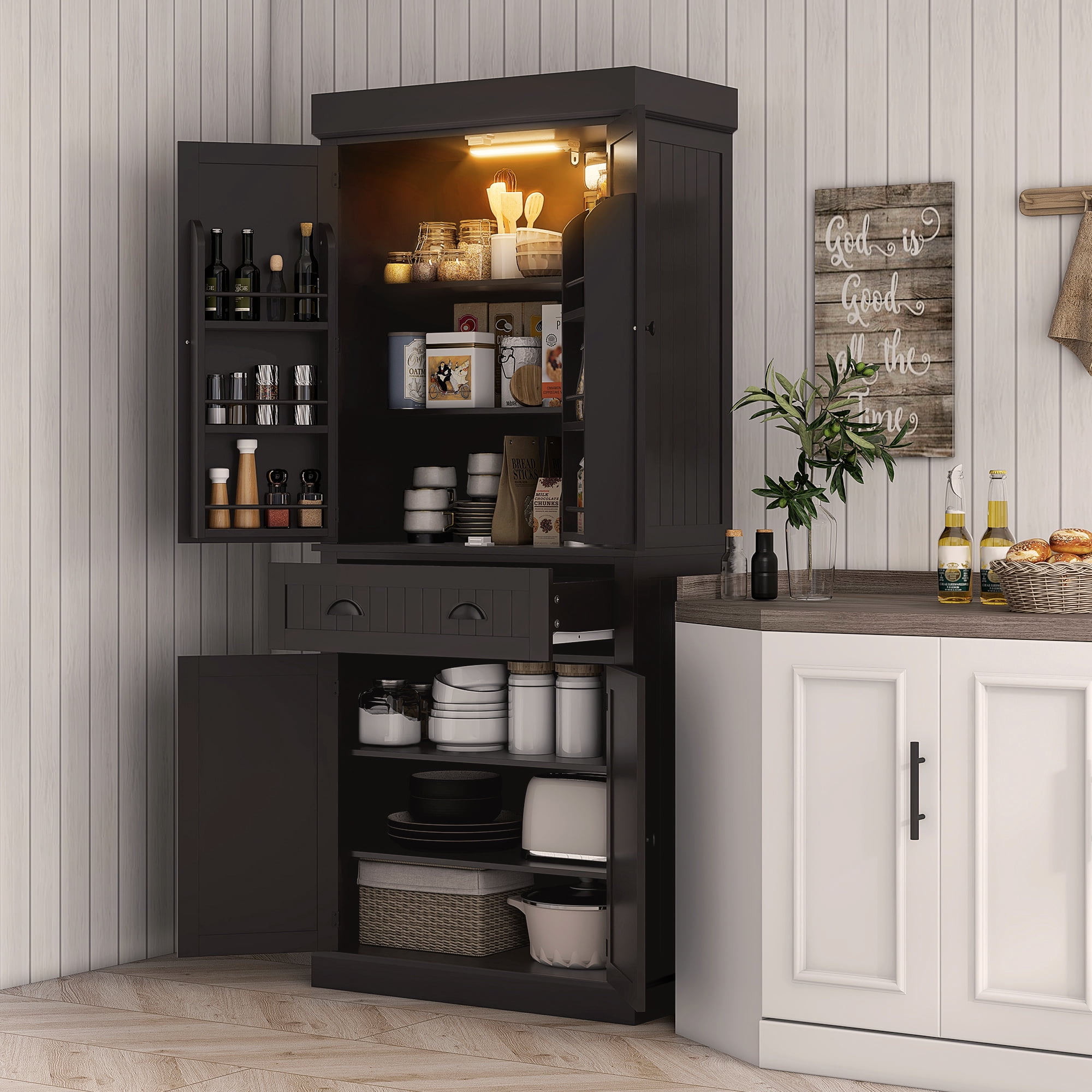 HOMCOM 71" LED Kitchen Pantry Cabinet, Tall Storage Cabinet with 6 Door Shelves, a Drawer and 4 Adjustable Shelves, Black