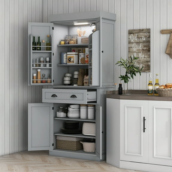 HOMCOM 71" LED Kitchen Pantry Cabinet, Tall Storage Cabinet with 6 Door Shelves, a Drawer and 4 Adjustable Shelves, Gray