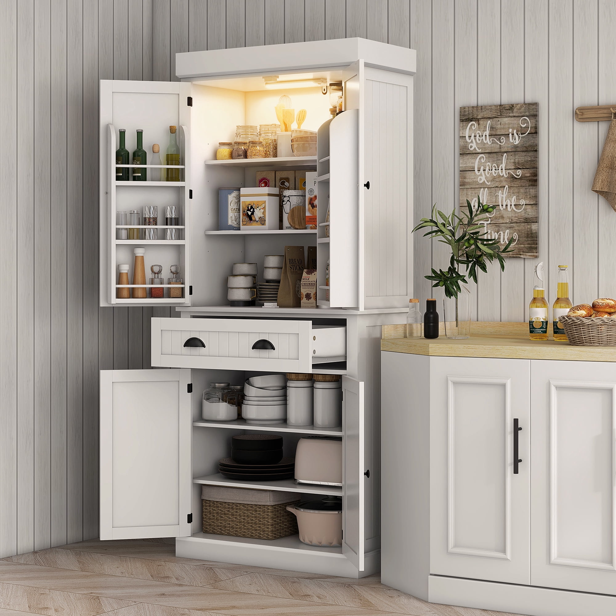 HOMCOM 71" LED Kitchen Pantry Cabinet, Tall Storage Cabinet with 6 Door Shelves, a Drawer and 4 Adjustable Shelves, White