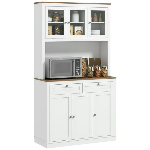 HOMCOM 71" Tall Kitchen Pantry Storage Cabinet with Microwave Stand, Freestanding Buffet with Hutch, 2 Drawers, 5 Doors, Adjustable Shelves and Glass Doors for Kitchen, Dining Room, White