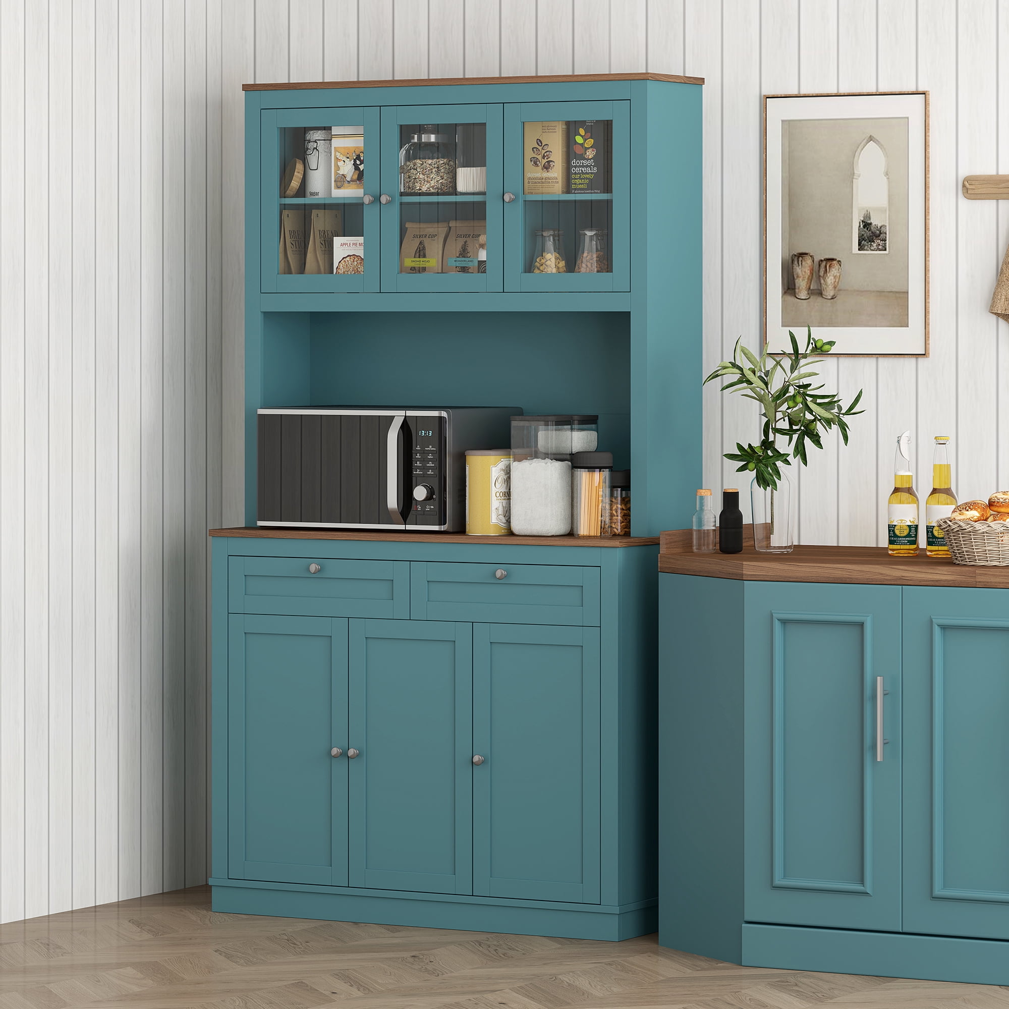 HOMCOM 71" Tall Kitchen Pantry Storage Cabinet with 2 Drawers, Microwave Cabinet with Adjustable Shelves and Glass Doors, Green