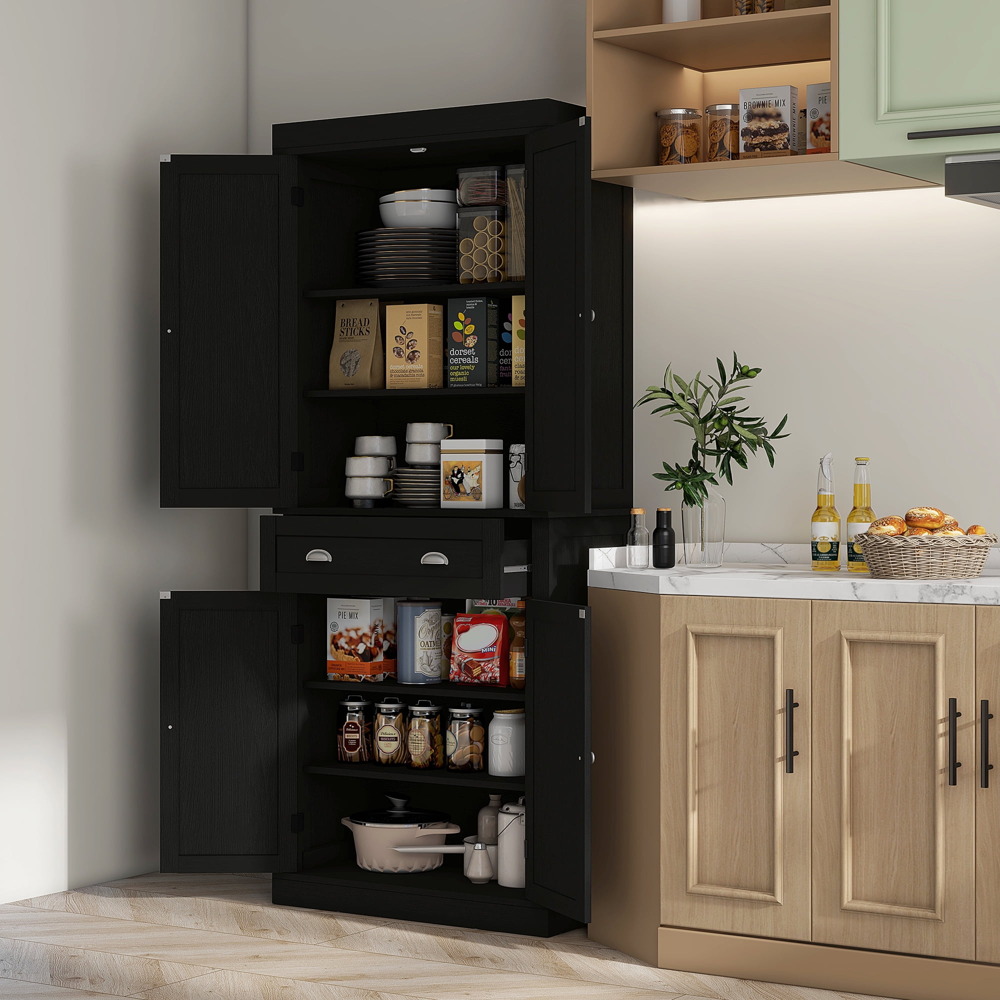 HOMCOM 72.5" Traditional Freestanding Kitchen Pantry Cupboard with 2 Cabinet, Drawer and Adjustable Shelves, Black Wood Grain
