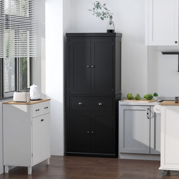 HOMCOM 72.5" Traditional Freestanding Kitchen Pantry Cupboard with 2 Cabinet, Drawer and Adjustable Shelves, Black